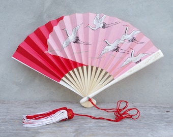 Hand fan,fan,fan paper,fan japan,fan Crane bird pattern,paper,vintage fan,Vintage Japanese Sensu, Folding Fan,Kimono Accessories,