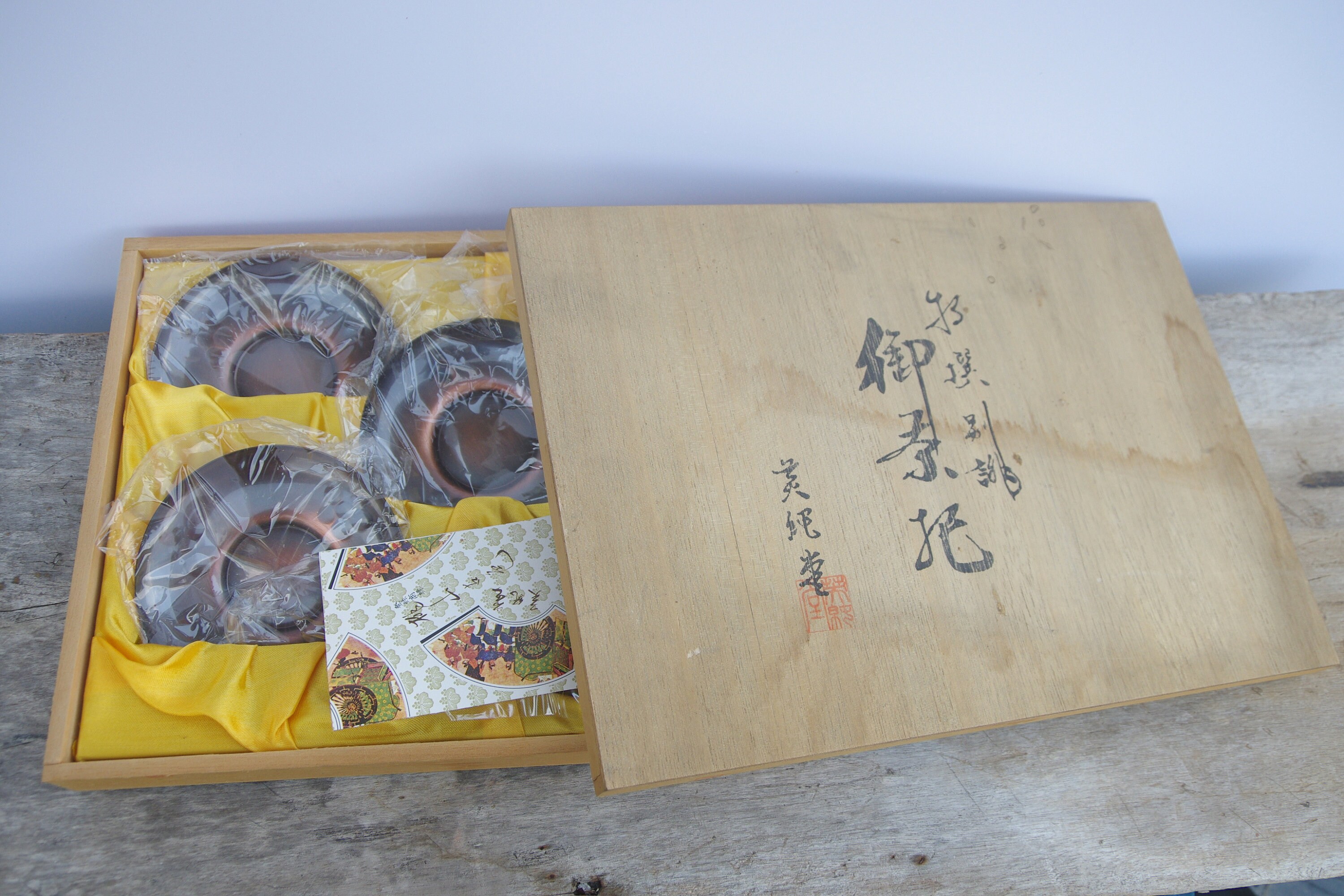 copper chataku Arts Tea Ceremony Saucer, Tea saucer and Wood box original Small dish plate set of 5 Japanese tea cups,Tea plates