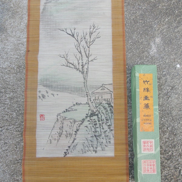 bamboe rolschildering vintage hangende scroll, stream, natuur, kakejiku, bamboe, kunst Azië, Japan kunst, kunst aan de muur, woondecoratie, met doos