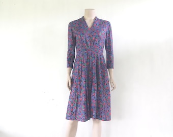 Vestido vintage floral morado (tallas 25-26): mezcla de algodón retro, fabricado en EE. UU.