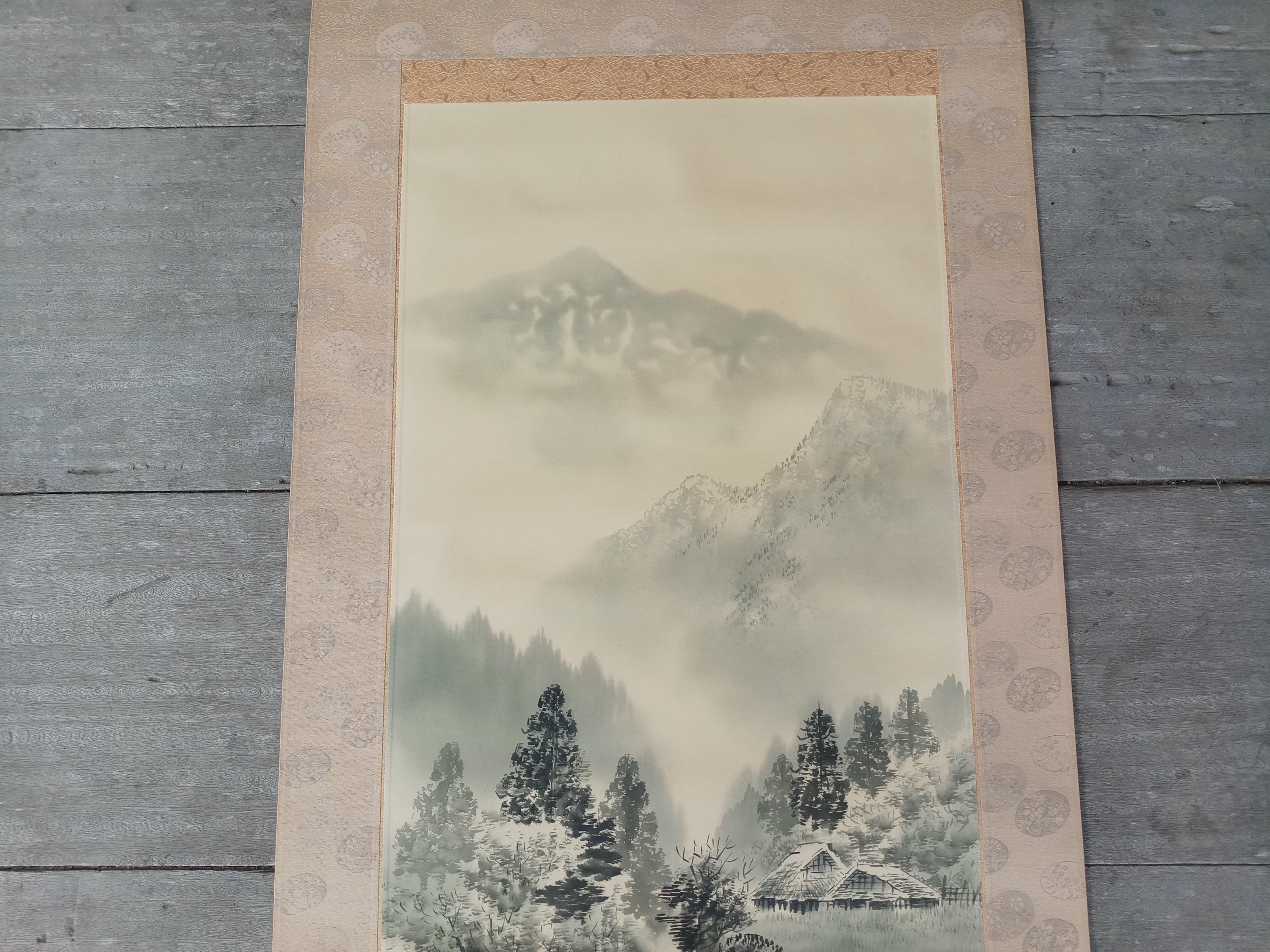 ヴィンテージの日本の風景画巻物：釣りをする男性、水墨画 - Etsy 日本