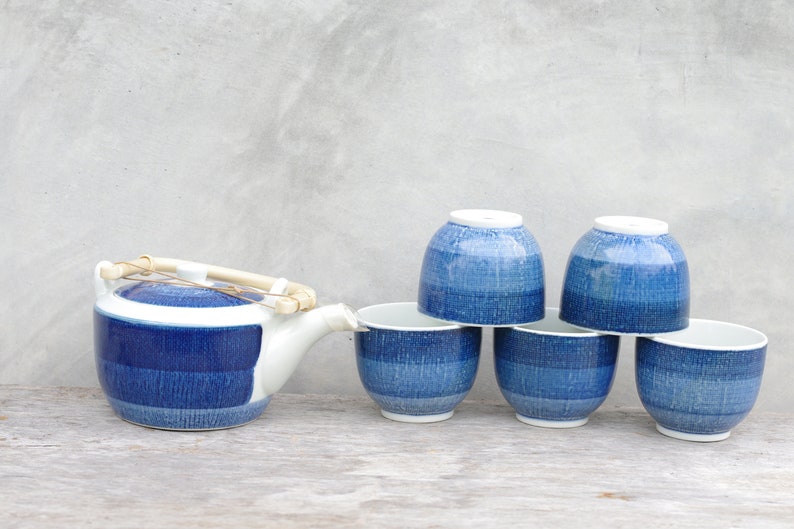 tea set with teapot,tea set vintage,ceramic cup,cup blue and white,tea,New old stock,whit box,cup blue,teapot,teapot blue,cup 5 pcs,tea set image 3