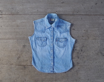 Vintage Levi's Denim Cut Off Shirt: Faded Cowboy Cowgirl Style (Size S)