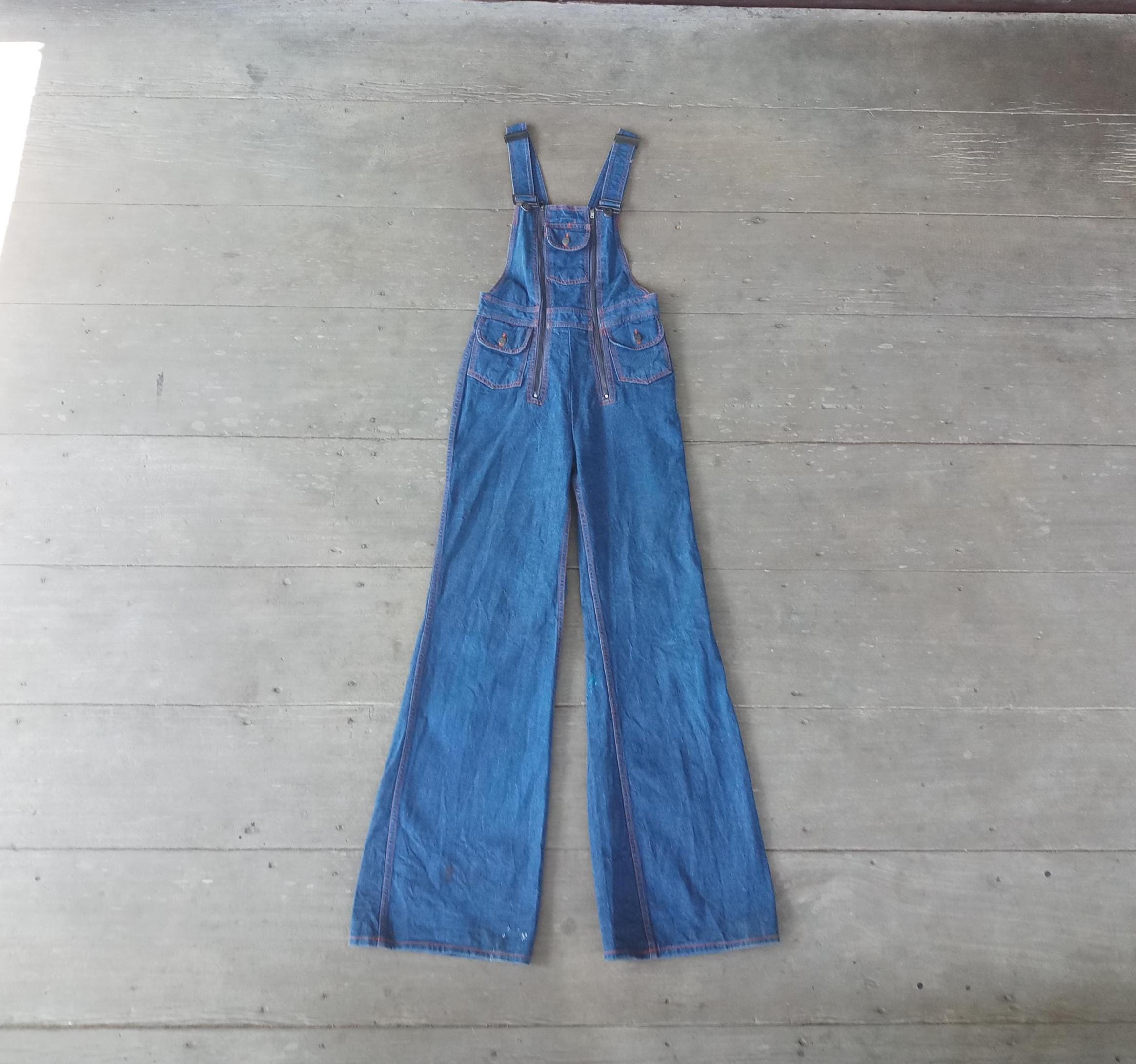 Vintage 70s Zipper Front Braxton Overalls Bell Bottom W28 L35.5