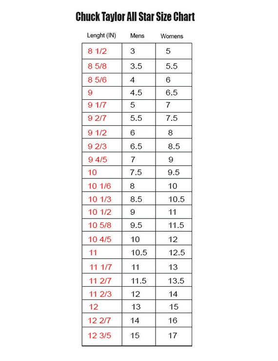 Converse All Star Size Chart