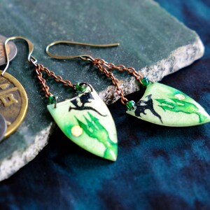 Dragon earrings, hand painted earrings, fantasy style earrings, green dragon jewelry, fantasy dragon earrings, wearable art jewelry