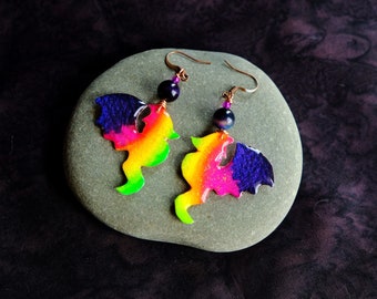 Rainbow dragon earrings, resin dragon jewelry, rainbow dragon jewelry, hand painted jewelry, dragon art, dragons to wear, wearable art