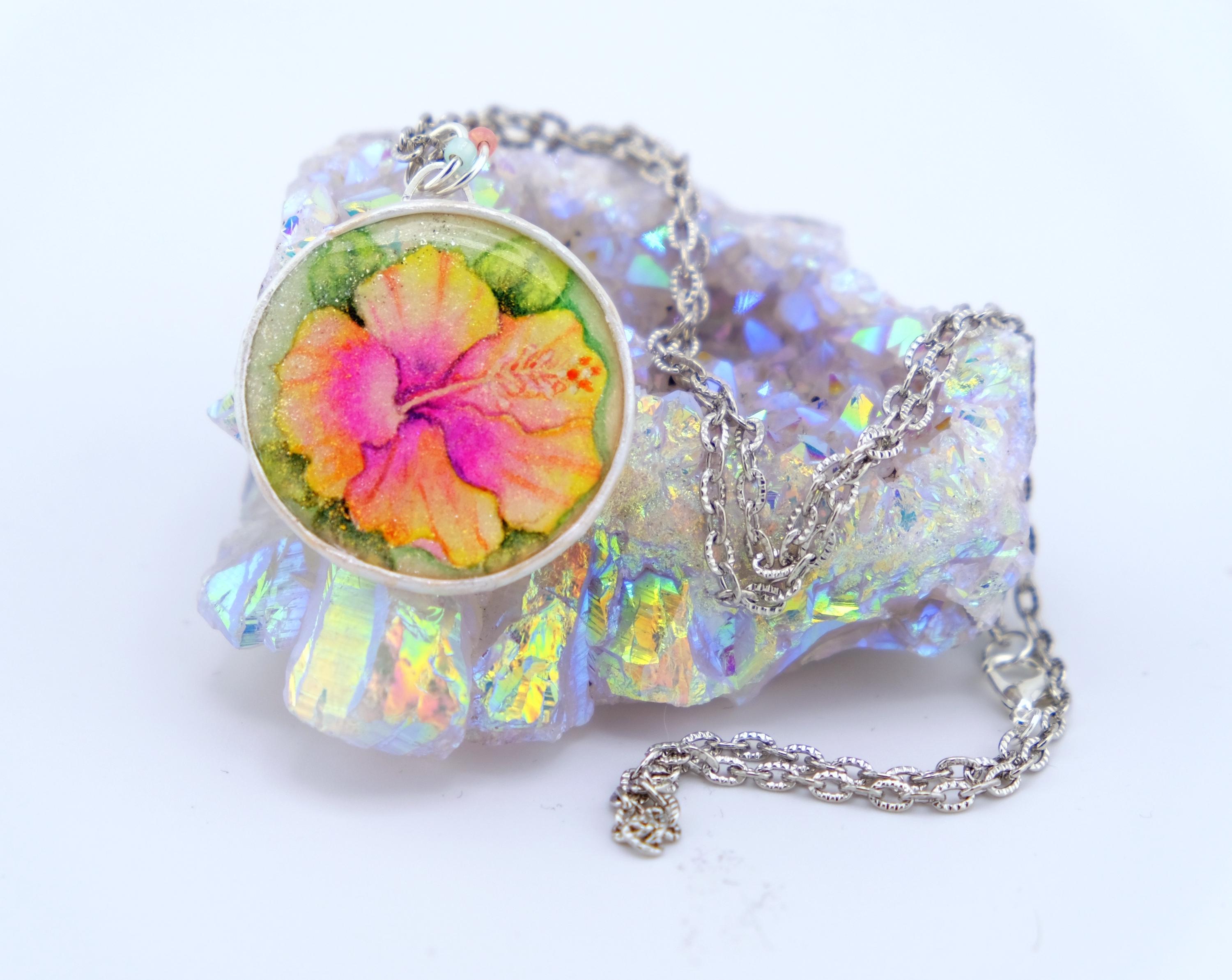 Hand Painted Hibiscus Flower Necklace: Tropical Floral  display picture 2