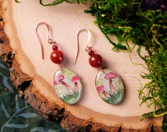 Mushroom earrings, cottagecore earrings, mushroom art earrings, red mushroom earrings, unique paper earrings, resin mushroom earrings,