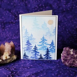 Cartões de felicitações de floresta azul, cartão de felicitações com impressão de arte, cartão de felicitações com arte em branco, cartão de felicitações com pintura de floresta, cartão de arte em aquarela, artístico