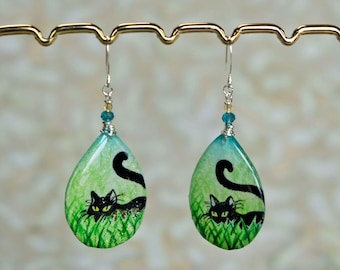 Black Cat Resin Earrings Whimsical Kitty Jewelry, hand painted cat earrings