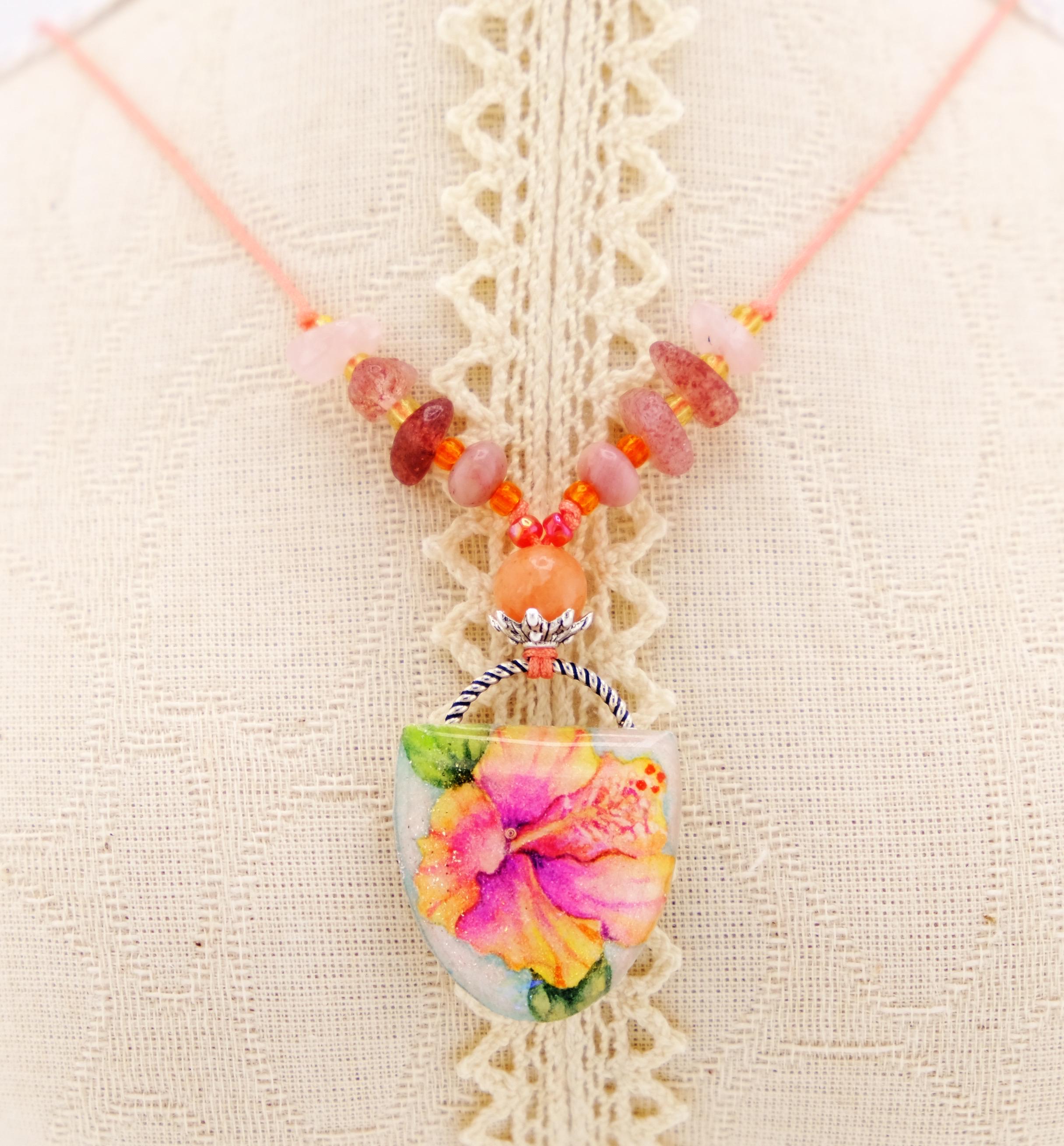 Hand Sculpted & Painted Pink Green Floral Hibiscus tropical Statement Necklace Hand Painted Hibiscus Flower Necklace: Tropical Floral  main image 3