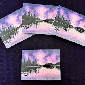 Lake sunset greeting cards, original art greeting card, blank art greeting card, purple sunset greeting card, watercolor art card blank,