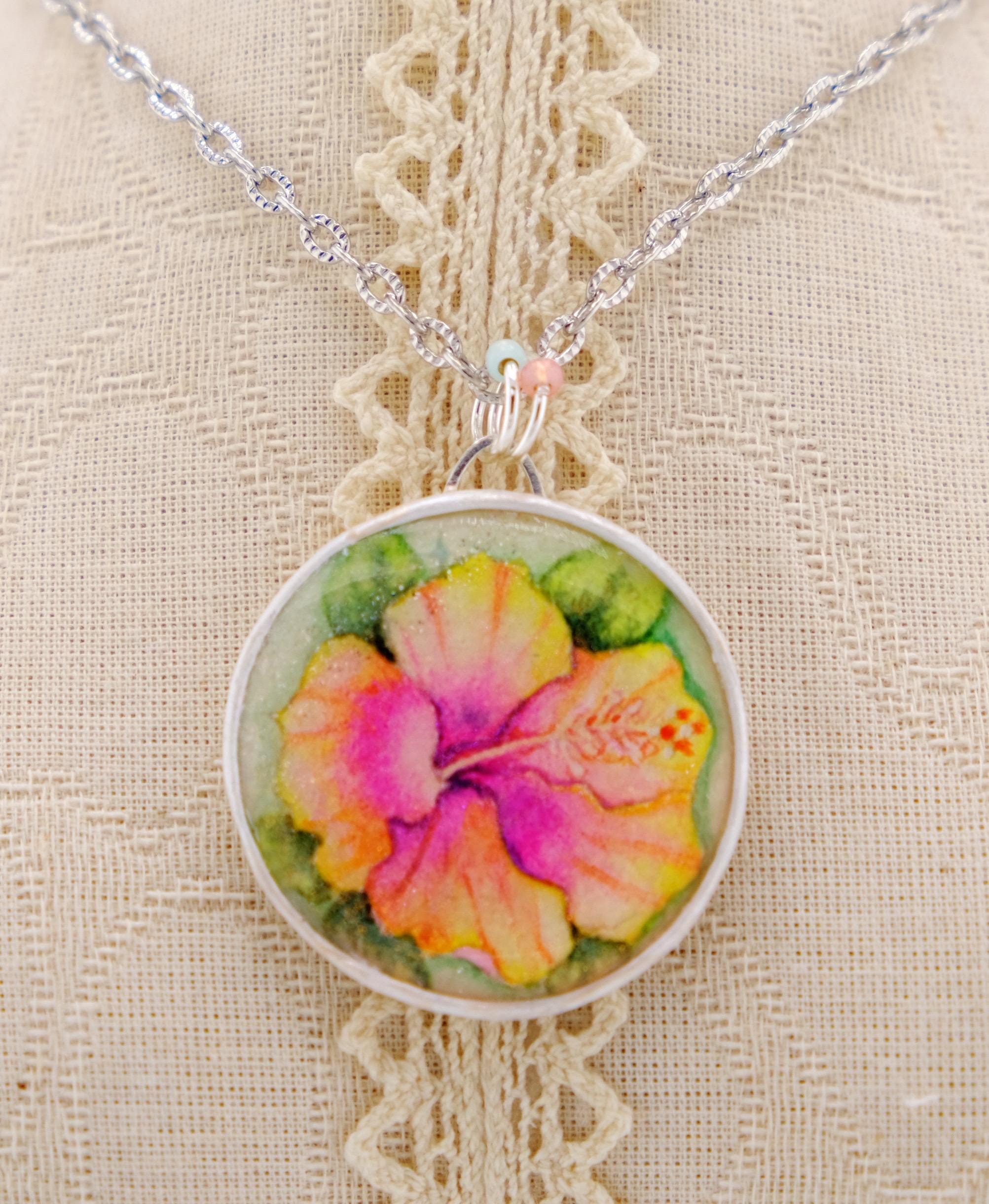Hand Painted Hibiscus Flower Necklace: Tropical Floral  display picture 1
