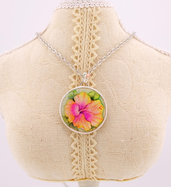 Hand Sculpted & Painted Pink Green Floral Hibiscus tropical Statement Necklace Tropical Flowers Necklace - Etsy main image 3