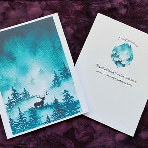 Blue forest greeting cards, art print greeting card, blank art greeting card, magickal deer greeting card, watercolor art card blank,