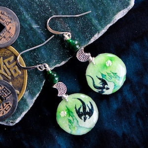 Dragon earrings, hand painted earrings, fantasy style earrings, green dragon jewelry, fantasy dragon earrings, wearable art jewelry