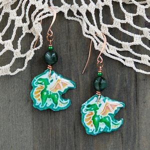 Dragon earrings, hand painted earrings, fantasy style earrings, green dragon jewelry, fantasy dragon earrings, wearable art jewelry