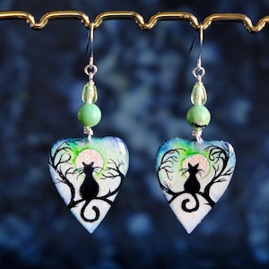 Kitty cat moon earrings, hand painted earrings, black cat dangle earrings, unique mystical jewelry, cat and moon earrings, art jewelry,