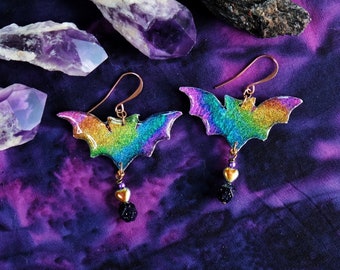 Metallic rainbow bat dangle earrings, bat style dangle earrings, resin bat earrings, witchy bat earrings, glittery bat earrings, spooky