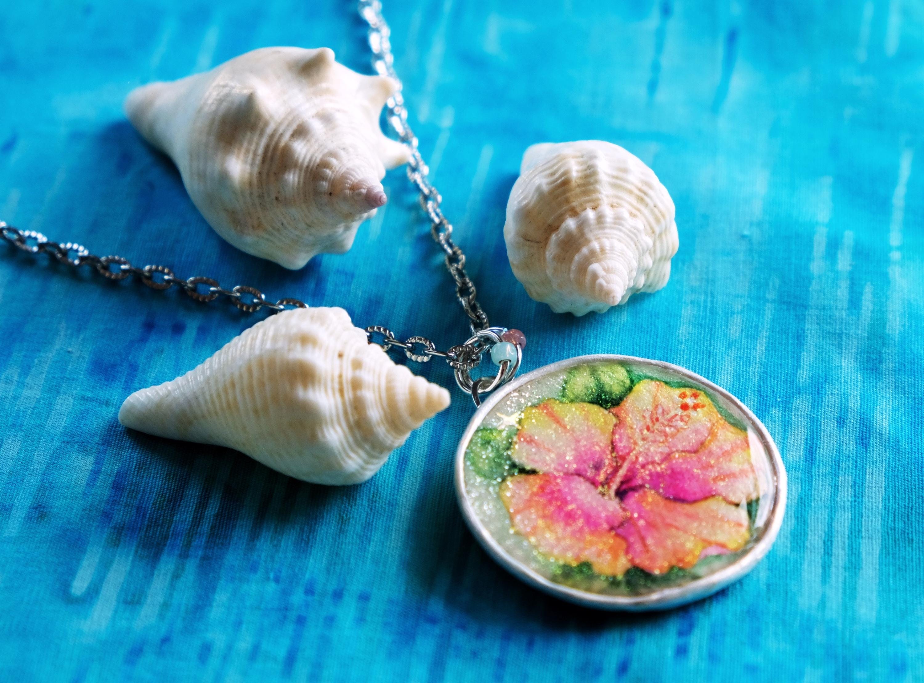 Hand Painted Hibiscus Flower Necklace: Tropical Floral 