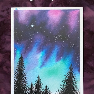 Art greeting cards, original art print card, blank art greeting card, aurora borealis card, watercolor art card blank, night sky