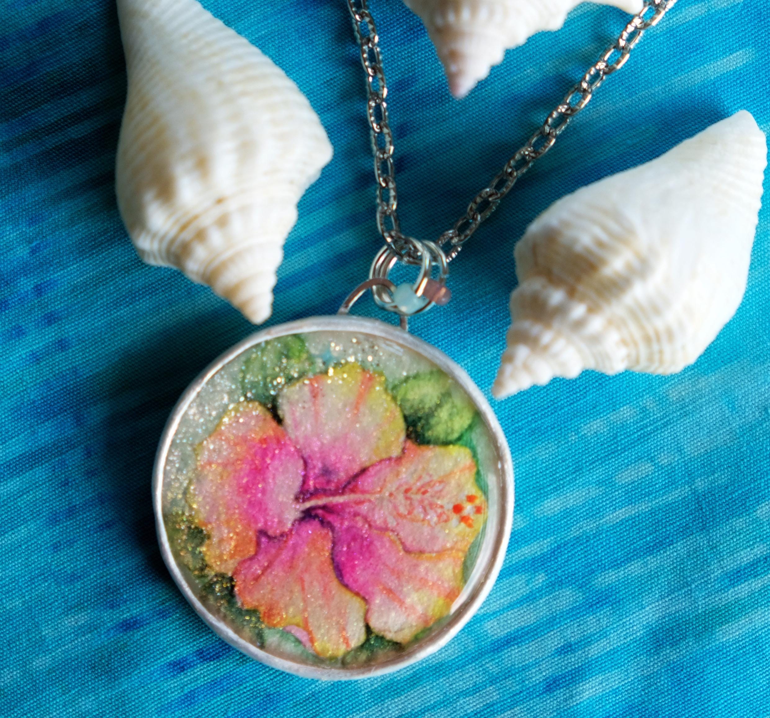 Hand Painted Hibiscus Flower Necklace: Tropical Floral  display picture 3