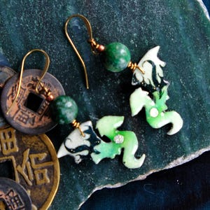 Dragon earrings, hand painted earrings, fantasy style earrings, green dragon jewelry, fantasy dragon earrings, wearable art jewelry