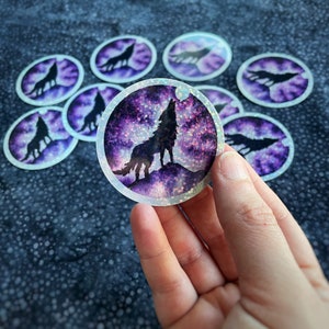 Howling wolf sticker, watercolor art sticker,witchy art sticker, wolf sticker, spiritual glitter sticker art, sticker art, glitter round