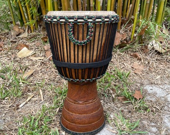 Medium Size Djembe, Ivory Coast, Iroko Wood, Rasta Rope with Black Fabric, African Hand Drum