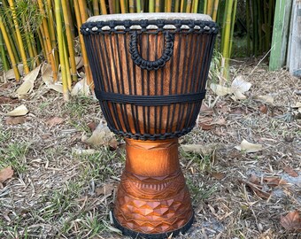 Full Size Djembe, Ivory Coast, Iroko Wood, Black Rope on Black Fabric, African Hand Drum