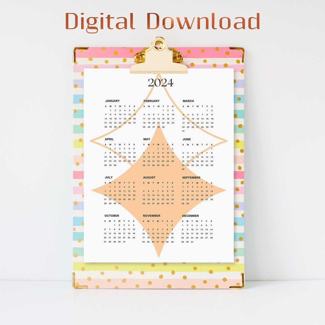 2024 One Page Calendar Printable 2024 Year at a Glance Calendar Wall or