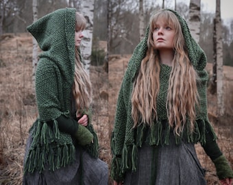 Big handwoven hooded shawl in forest green shades wool and alpaca.