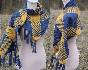 Small handwoven rectangular scrap yarn shawl in blue and yellow. Swedish flag colors.