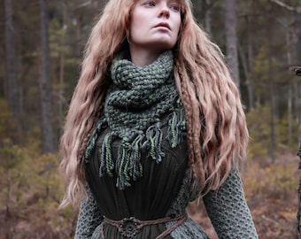 Handwoven triangle scarf in forest green wool and alpaca made from scrap yarn.