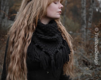 Handwoven triangle scarf in black wool and alpaca made from scrap yarn.
