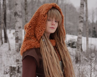 Handwoven fluffy faux fur hood in autumn orange and brown acrylic.