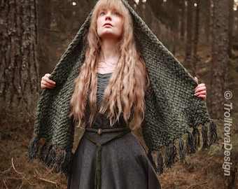 Big handwoven rectangular shawl in forest green wool and alpaca.