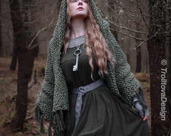 Handwoven hooded shawl in forest green wool and alpaca.