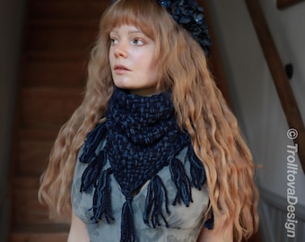 Handwoven triangle scarf in blue wool and alpaca, made from yarn scraps.