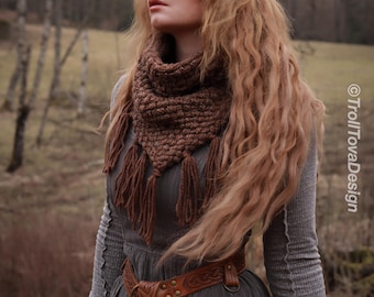 Handwoven triangle scarf in brown wool and alpaca made from scrap yarn.