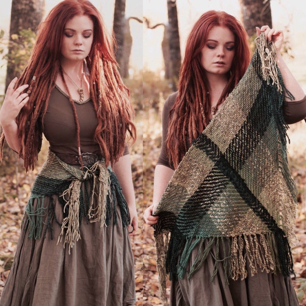 Woven triangle shawl, Forest wrap, Celtic shawl, Mori kei scarf, Strega fashion, Fantasy shawl, Elf clothes, Pagan fashion, Woodland queen