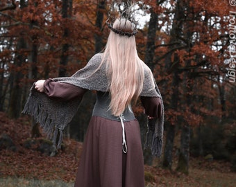 Big handwoven rectangular shawl in brown and gray wool and alpaca.