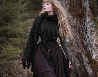 Big rectangular shawl in black wool and alpaca. Handwoven.