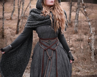 Extra long hooded shawl in gray wool and alpaca. Handwoven. Made to order.