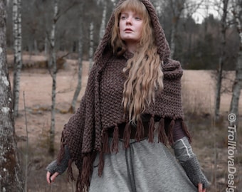Handwoven hooded shawl in brown wool and alpaca.