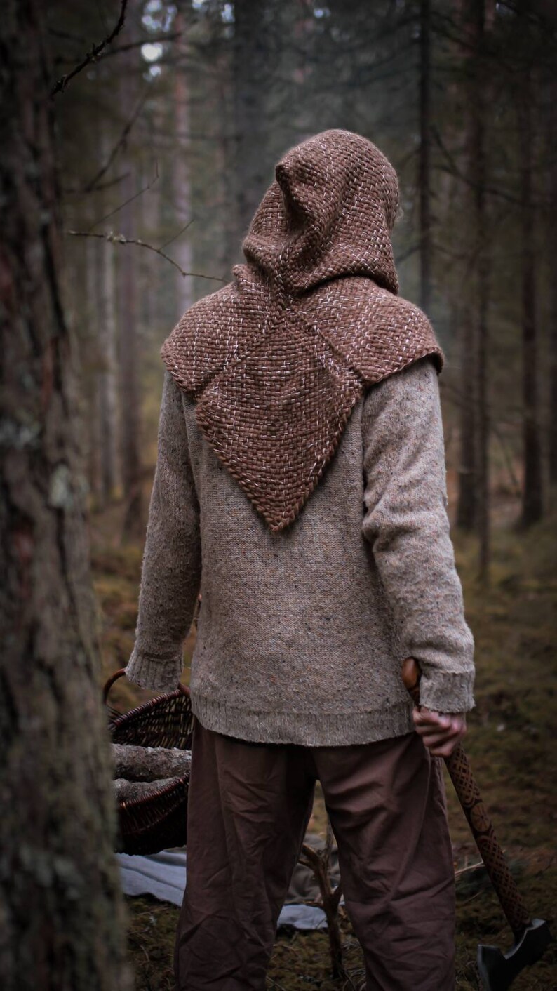 Big handwoven Skjoldehamn hood in brown wool and cotton. | Etsy