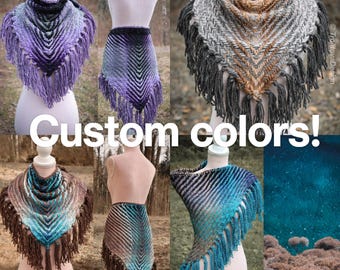 Custom-made handwoven triangle scrap yarn shawl in gradient colors. Please contact before purchase.