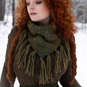 LAST ONE Extra soft handwoven triangle scarf in forest green shades. image 4