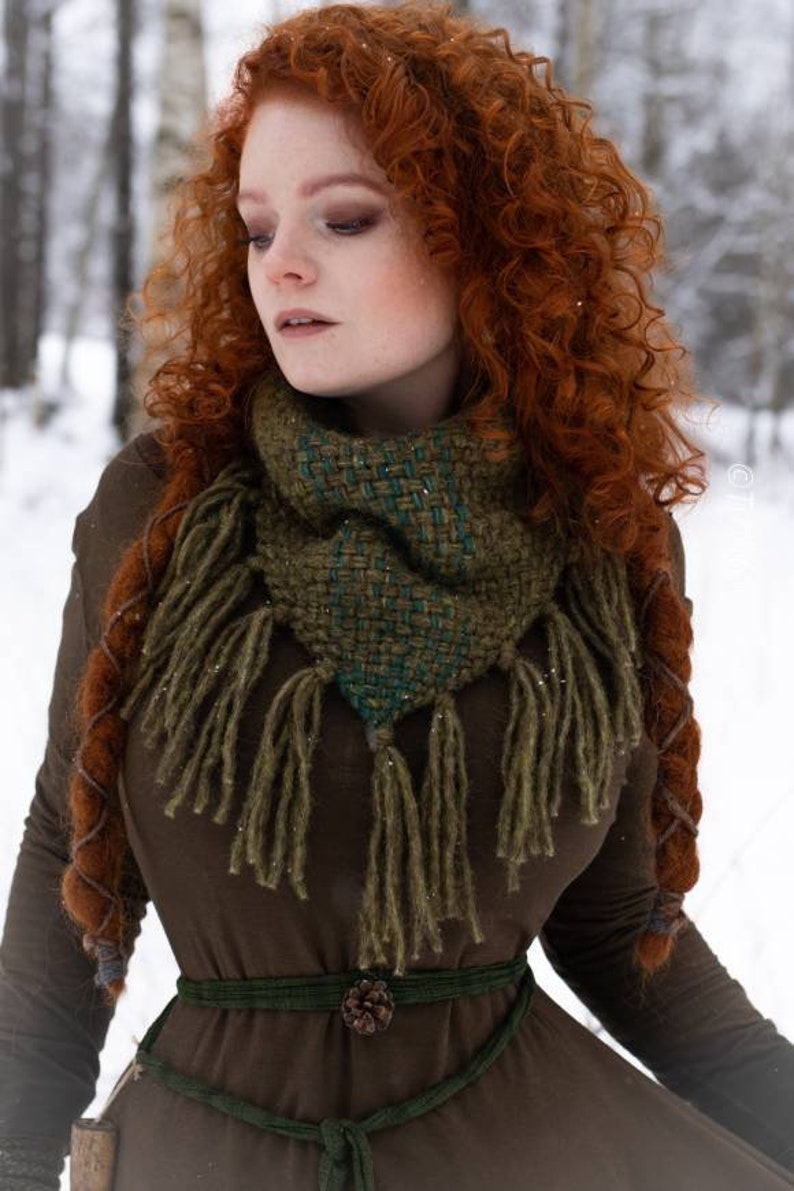 LAST ONE Extra soft handwoven triangle scarf in forest green shades. image 4